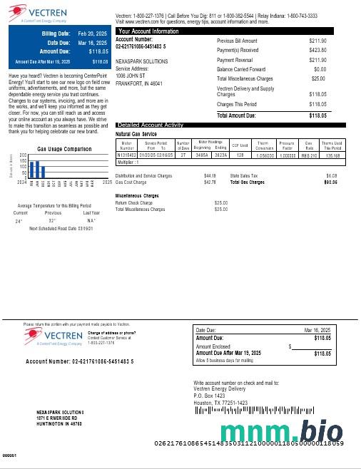 USA Vectren rachunek za usługi komunalne Pobierz słowo i przykład PDF